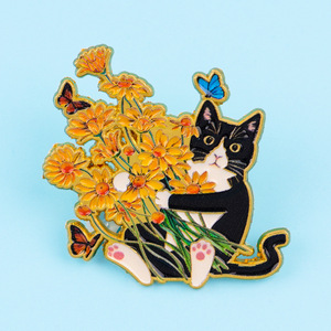 En gros, Pin's en émail Cottagecore avec motif chat mignon noir et blanc et fleurs jaunes, pour les amoureux <span class=keywords><strong>des</strong></span> animaux de compagnie - Product Image 6