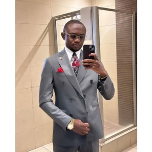 Koyu gri çift göğüslü Slim Fit erkek takım elbise 2 parça Set Blazer pantolon düğün damat smokin parti balo Terno Suits - Product Image 3