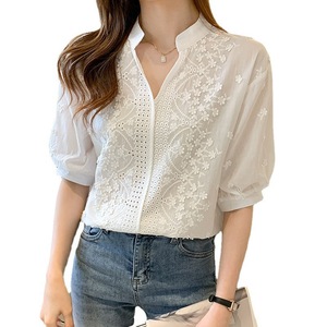New Embroidery Hollow Middle Sleeve <b>Tops</b> Loose <b>Bubble</b> Sleeve Women's Thin Blouse Fashion - Product Image 5