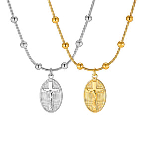 18K vacuüm vergulde roestvrijstalen kruis ovale hanger ketting met kralen slangenketting religieuze geloofssieraden voor vrouwen - Product Image 5