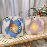 Nieuwe Qetesh schattige cartoon bloemen fruit bedrukte canvas tote bag met aangepaste logo touwhandvat kleine handtas voor dames dagelijks casual gebruik