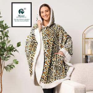 Poncho-couverture tricotée d'hiver pour <span class=keywords><strong>femme</strong></span>, douillette, 100 % polyester, en <span class=keywords><strong>polaire</strong></span> flanelle sherpa, anti-acariens, motif léopard, avec <span class=keywords><strong>capuche</strong></span> - Product Image 6