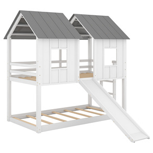 Children's Tent <b>Bunk</b> <b>Bed</b> With <b>Slide</b> White Solid Wood Frame Grey Roof Bedroom Furniture For Kids - Product Image 5