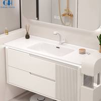 Meuble de salle de bain mural étanche au design unique, en bois massif, avec 2 portes miroir