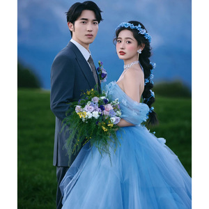 Blue Strapless Tulle Ball Gown Wedding Dress Natural Waistline Outdoor Forest Style Fashion Couple Photography Travel Street - Product Image 2