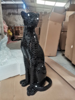 Statue de panthère assise en mosaïque miroir noir, sculpture de léopard faite à la main pour villa, hall d'hôtel, décoration de luxe, grand ornement