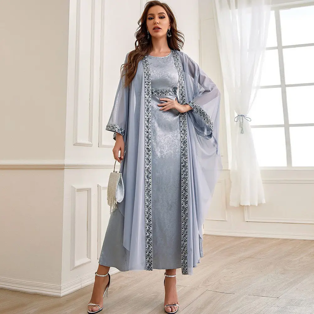 Eid Great Popular Muslim Dubai Robe Evening Dress Casual Cardigan Arabian Two Piece Silk Robe Summer Women's Kimono Open Abaya