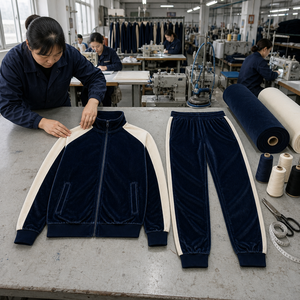 Custom Manufacturer High Quality Navy <b>Velour</b> Side Stripe Stand Collar Track Jacket And Jogger Pants Set <b>Mens</b> <b>Tracksuits</b> - Product Image 2