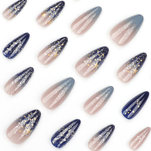 Faux Ongles en Gel 2026 Style Ciel Étoilé, Longs Amande à Coller, Base Nude <span class=keywords><strong>Bleu</strong></span> <span class=keywords><strong>Marine</strong></span> avec Paillettes Étoiles Dorées, Faux Ongles Acryliques - Product Image 3