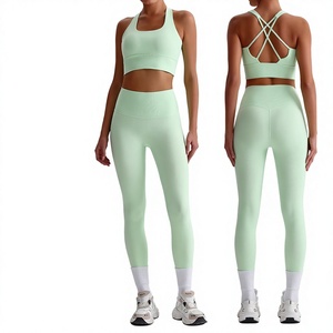 Conjunto de yoga de 2 piezas para mujer, estilo europeo-<span class=keywords><strong>americano</strong></span>, con sujetador de espalda descubierta y top para correr, fitness y yoga, color liso. - Product Image 2