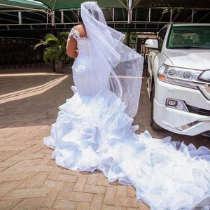 African Cross Border Bride Wedding Dress Plus Size Slim Fit Mermaid Train Sweetheart Neckline Ruffles Pure White - Product Image 3