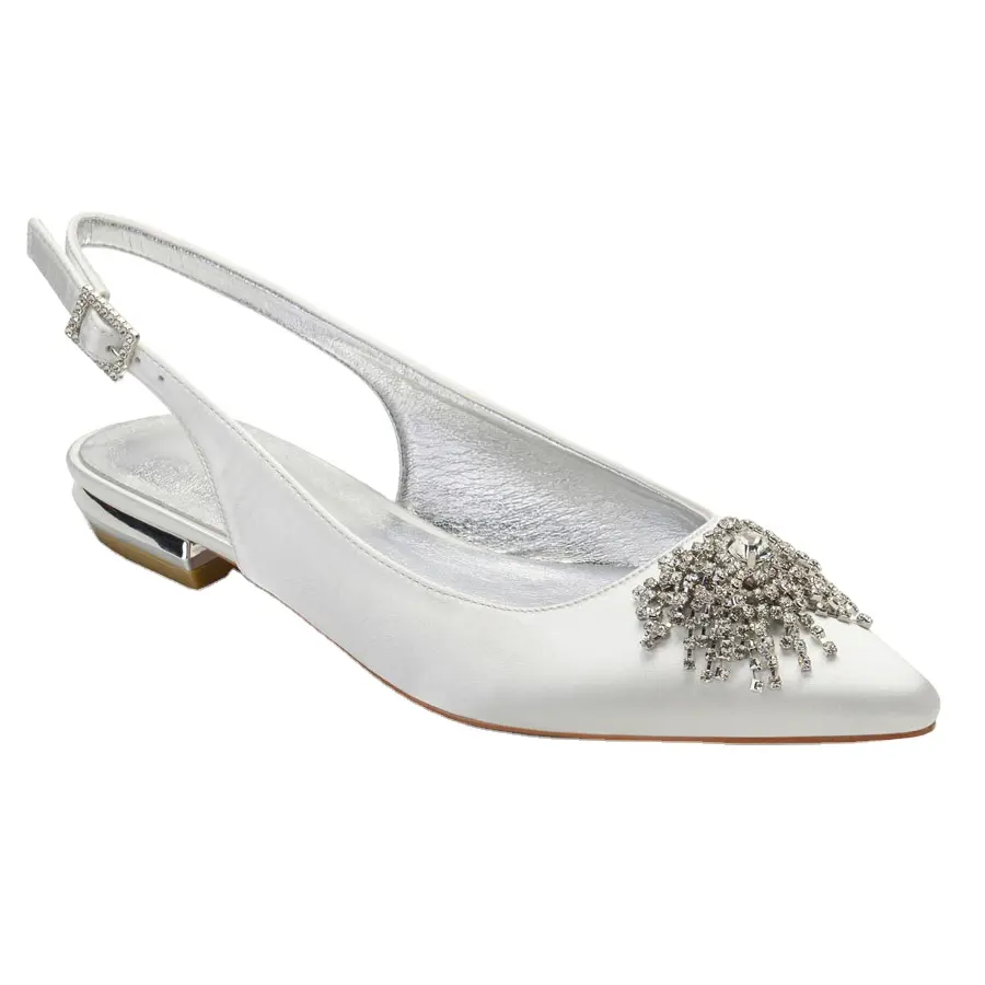 Pointed Toe Rhinestones Satin with low thick heel Flat for Bridal Wedding Shoes