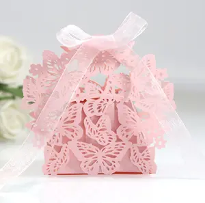 批发激光切割婚礼派对纸盒蝴蝶糖果巧克力礼品盒带丝带新娘生日派对婴儿送礼会
