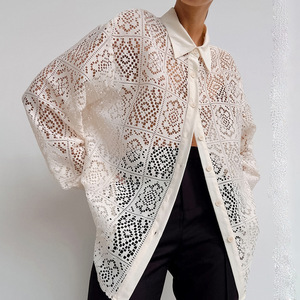 Enyami Chic Brand Feminino Leisure Lace Hollow Out Design Boxy camicie a maniche lunghe bianche camicette da donna Top allentato da donna - Product Image 1