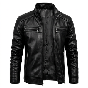Veste en cuir classique pour homme, fermeture éclair, col montant, vêtement d'extérieur tendance pour un usage quotidien - Product Image 1