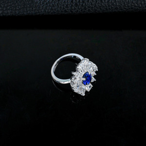 S925 Sterling Silver Lab-Grown Sapphire <b>Ring</b>, Oval Cut <b>Sunflower</b> Halo Engagement <b>Ring</b> - Product Image 3