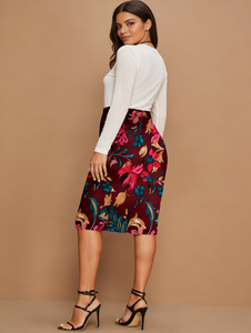 Falda Midi Tipo Lápiz con Estampado Floral Borgoña de Cintura Alta para Tallas Grandes - Falda Ajustada Elástica para el Trabajo y Conjuntos Casuales - Product Image 5