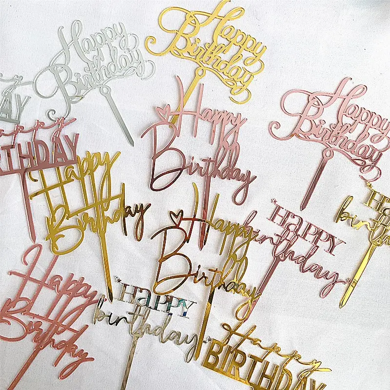 Groothandel Op Maat Gemaakte Acryl Happy Birthday Cake Topper Goud Zilver Zwarte Cake Topper Party Bakdecoratie Benodigdheden