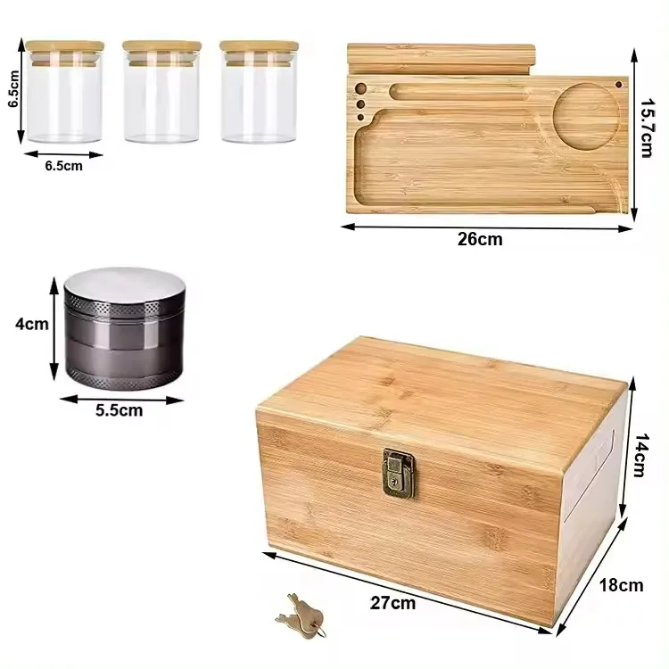 Caja organizadora de almacenamiento de madera con caja de alijo de bambú a prueba de bloqueo con bandeja rodante, Kit de accesorios para fumar, contenedor organizador