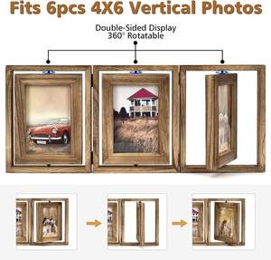 JUNJI 4x6 Rustic Wood Hinged Folding <strong>Triple</strong> Picture Collage Double-Sided Display Rotatable High Definition Glass <strong>Photo</strong> <strong>Frame</strong> - Product Image 4