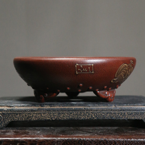 Maceta de arcilla morada redonda con forma de tambor y patas de metal para bonsáis y suculentas, estilo antiguo, para escritorio. - Product Image 2
