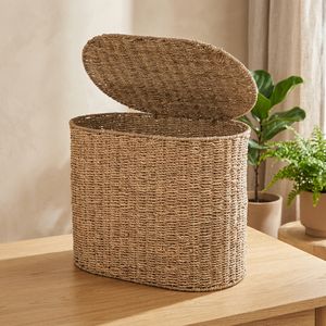 Panier de rangement ovale en jonc de mer naturel avec couvercle, panier tressé rustique multi-usages pour l'organisation et le rangement - Product Image 4