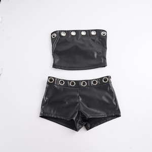 Women‘s Leather Two Piece <b>Set</b>, Gothic Eyelet Mesh Crop Top with Low Rise Shorts, Sexy Streetwear Club Outfit - Product Image 2