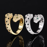 Bague tendance double tête de léopard, sertie de zircone cubique et émail noir, bague statement pour femme, bijoux de fête et cocktail, cadeau