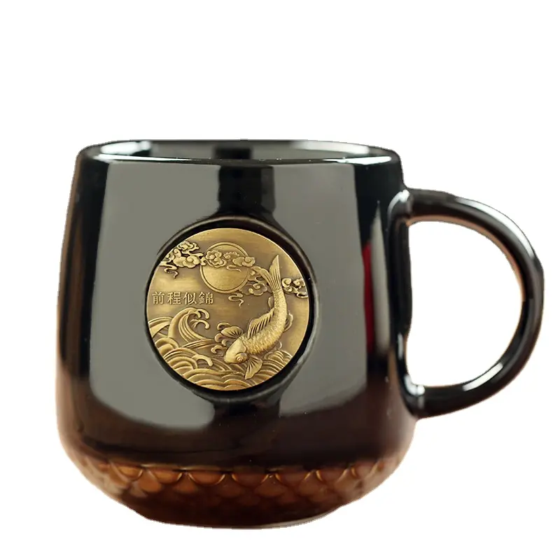 ถ้วยน้ำเซรามิกพร้อมแผ่นทองแดงถ้วยกาแฟสีบรอนซ์แก้วโลโก้ออกแบบได้ตามที่ต้องการ