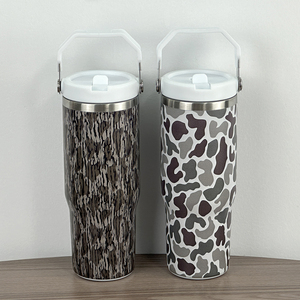 Custom Camo 304 Stainless Steel Tumbler 20oz 30oz Double Wall Vacuum Insulated Travel Mug <b>with</b> Handle and <b>Straw</b> Lid for Outdoor - Product Image 1
