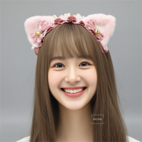 Serre-tête Lolita avec oreilles de chat moelleuses, nœud en dentelle et clochette – Style Lolita mignon pour le cosplay et les événements d'anime