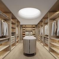 Dressing ouvert de luxe sur mesure |   Armoire minimaliste moderne sans portes avec îlot central et éclairage LED, rangement de chambre en bois haut de gamme