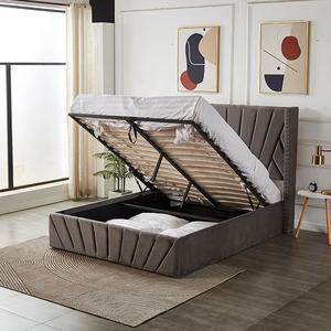 Comodidad y elegancia Diseño Canal Chic Ala Cabecero trasero Terciopelo gris King Size Elevador de gas Otomana Cama Doble - Product Image 2