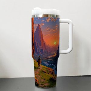 Gobelets isothermes en acier inoxydable de 40 oz, à double paroi, anti-fuite, écologiques, avec couvercle et paille, motif Montagne Rivière Lac, pour voiture - Product Image 5
