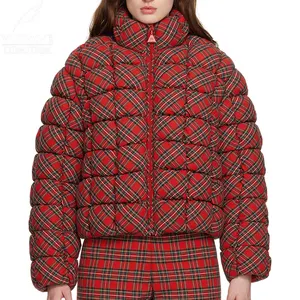 YuFan 맞춤형 OEM ODM 레드 퀼트 다운 재킷 다운 채워진 퀼트 코튼 플란넬 재킷 체크 패턴 솔기 포켓