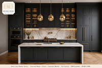 Armoires de cuisine sur mesure, gris foncé charbon, quincaillerie en laiton, marbre Calacatta, OEM, conception 3D gratuite pour toute la maison