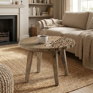 Layla Half Carving <b>Round</b> Solid Wood <b>Coffee</b> <b>Table</b> 60cm Handcrafted <b>Wooden</b> Center <b>Table</b> for Living Room Home Furniture - Product Image 3