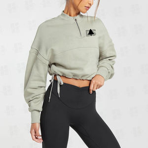 Wholesale Custom Design Quarter Zip Crop Sweatshirt Stand Collar Drawstring Adjustable Hem Long Sleeve Women Baggy Pullover <b>Tops</b> - Product Image 3