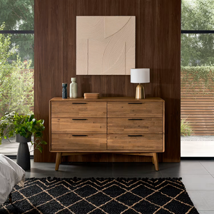 Commode à 6 tiroirs en bois naturel de style mi-siècle, commode en bois massif avec <span class=keywords><strong>patchwork</strong></span> et pieds coniques en bois pour chambre à coucher - Product Image 1