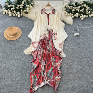 Abito Lungo da Donna a Vita Alta, Nuovo Stile di Alta Gamma, con Stampa e Cuciture, in Poliestere Antistatico, Modello A-Line, per <span class=keywords><strong>Vacanze</strong></span> Invernali - Product Image 3