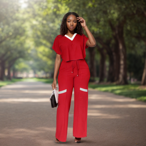 ชุดเซ็ตสองชิ้นแฟชั่นผู้หญิง คอวี สีพื้น เอวสูง สไตล์ลำลองสุดฮิตประจำฤดูร้อน - Product Image 4