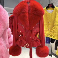 Veste moto courte en cuir véritable pour femme avec ceinture, col châle en fourrure de renard, style oversize, pour l'automne