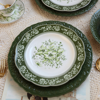 Assiettes en porcelaine classiques françaises rétro vert foncé, vaisselle en céramique, tasse à café, théière, vaisselle de luxe créative