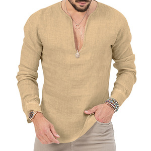 Camicia a maniche lunghe da <span class=keywords><strong>uomo</strong></span> in cotone e lino vintage, casual, tinta unita, vestibilità ampia, per primavera e autunno - Grande successo! - Product Image 5