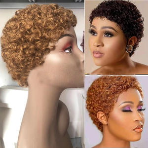 Perruque Pixie faite à la Machine, bon marché, vague de doigt, coupe courte, frange avec frange pour femmes noires, perruque de cheveux humains, mieux vaut ne pas - Product Image 5