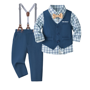 Catpapa Ensemble 4 pièces pour garçons : Gilet, chemise imprimée croix, nœud papillon et pantalon à bretelles rayé – Tenue de cérémonie pour mariage - Product Image 1