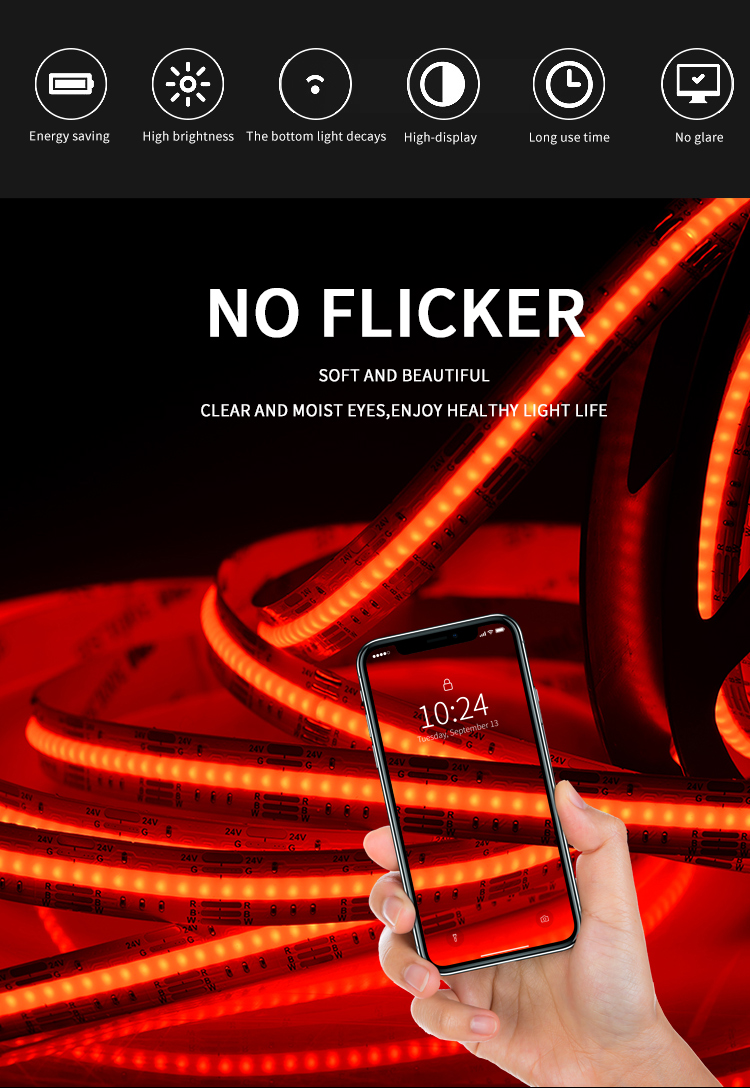 FCOB COB Flexible High Density RGBW LED Strip 20W/m DC24V White 6000K Dimmable LED Strip For Bedroom