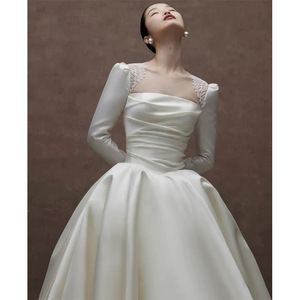 Satin Wedding Dress Square Collar Long Sleeve Ball Gown Princess Waistline Vintage Style <b>Floor</b> Length - Product Image 4