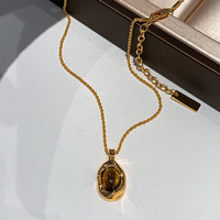Pendentif Œil de Tigre Artificiel en Cuivre Électroplaqué Or Véritable, Chaîne de Pull Vintage Tendance pour Fête Automne Hiver, Élégant pour Femme