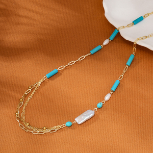 Collar de Cuentas de Turquesa Natural 2026, <span class=keywords><strong>Cadena</strong></span> Asimétrica de Varias Capas con Eslabones Tipo Clip, Estilo Barroco, Acero Inoxidable Dorado, para Mujer, Oro de 18K - Product Image 6